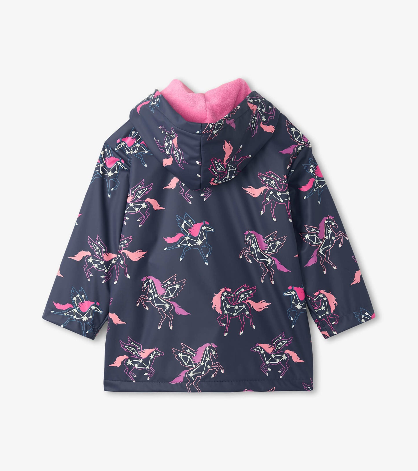 Navy rain jacket with colorful unicorn constellations and a pink fleece-lined hood, featuring long sleeves and a relaxed fit.