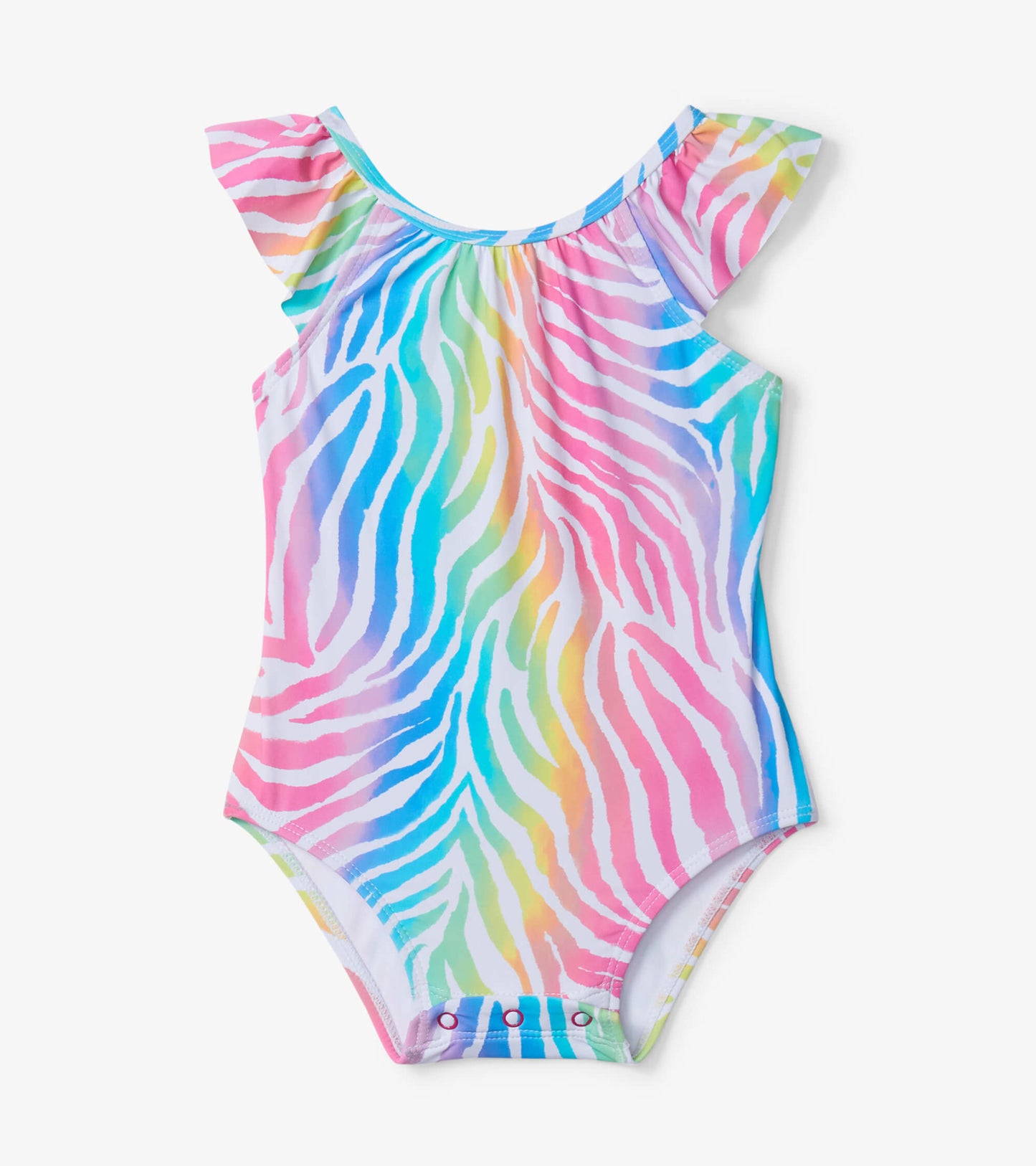 Colorful rainbow zebra print baby swimsuit with ruffled sleeves and snap closure at the bottom.