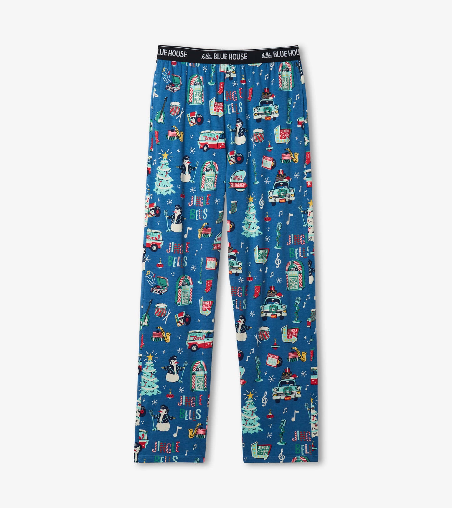 Blue stretch cotton pajama pants featuring a festive holiday print with trees, penguins, and musical notes.