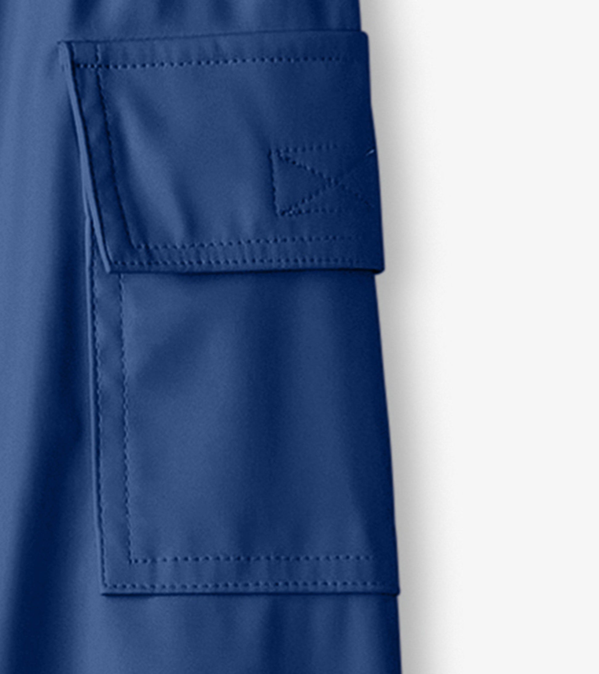 Navy blue kids' rain pants featuring a side pocket and a smooth, waterproof material.