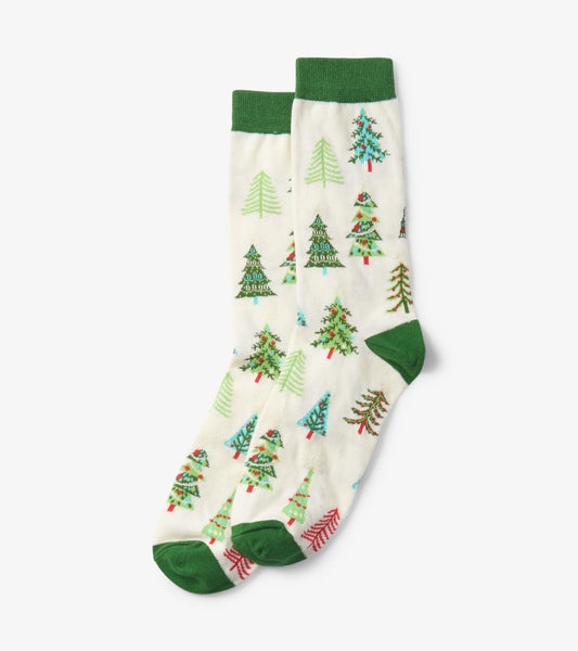 Cream socks featuring a festive pattern of colorful Christmas trees and green accents at the cuff and toe. One size.