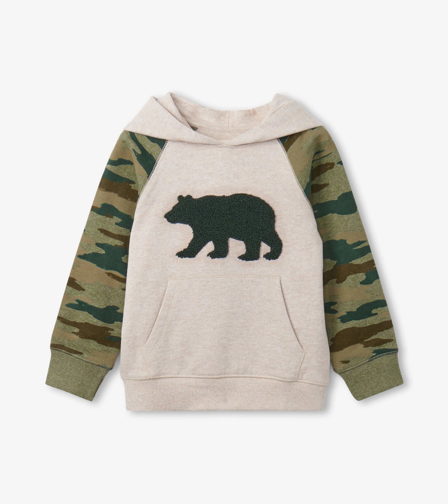 Beige pullover hoodie with a green bear graphic and camo-patterned sleeves, featuring a front pocket and hood.