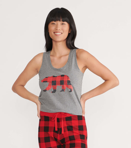 Gray tank top featuring a red and black plaid bear graphic, paired with red plaid pajama bottoms.