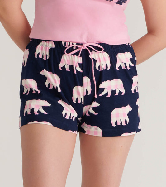 Navy cotton sleep shorts featuring a pink bear pattern and an elastic waistband with a drawstring.