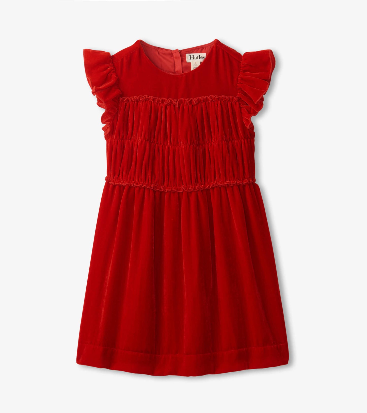 Red velvet dress with smocked panel and ruffled sleeves, featuring a flared skirt and round neckline.