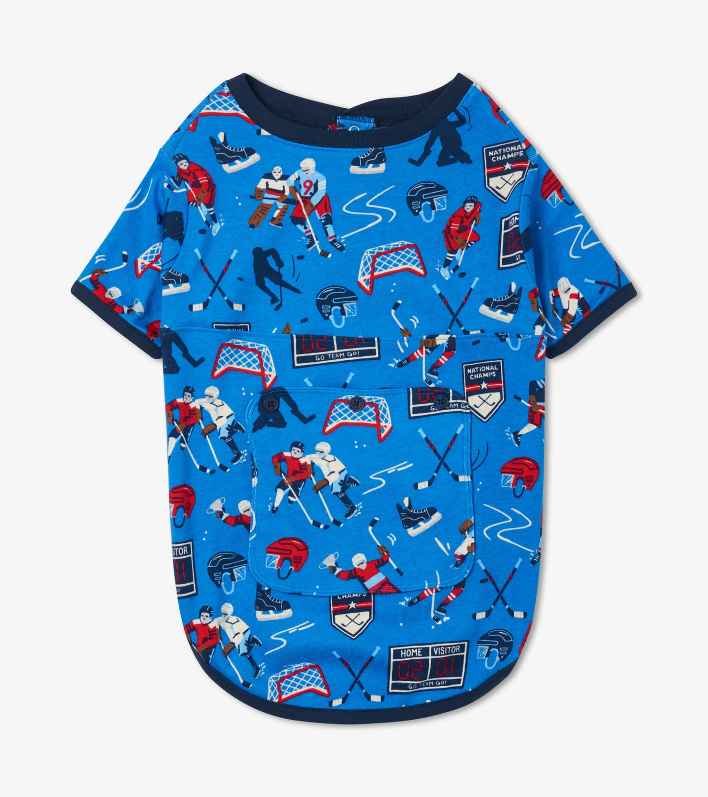 Blue dog tee featuring hockey-themed graphics, short sleeves, and a round neckline.