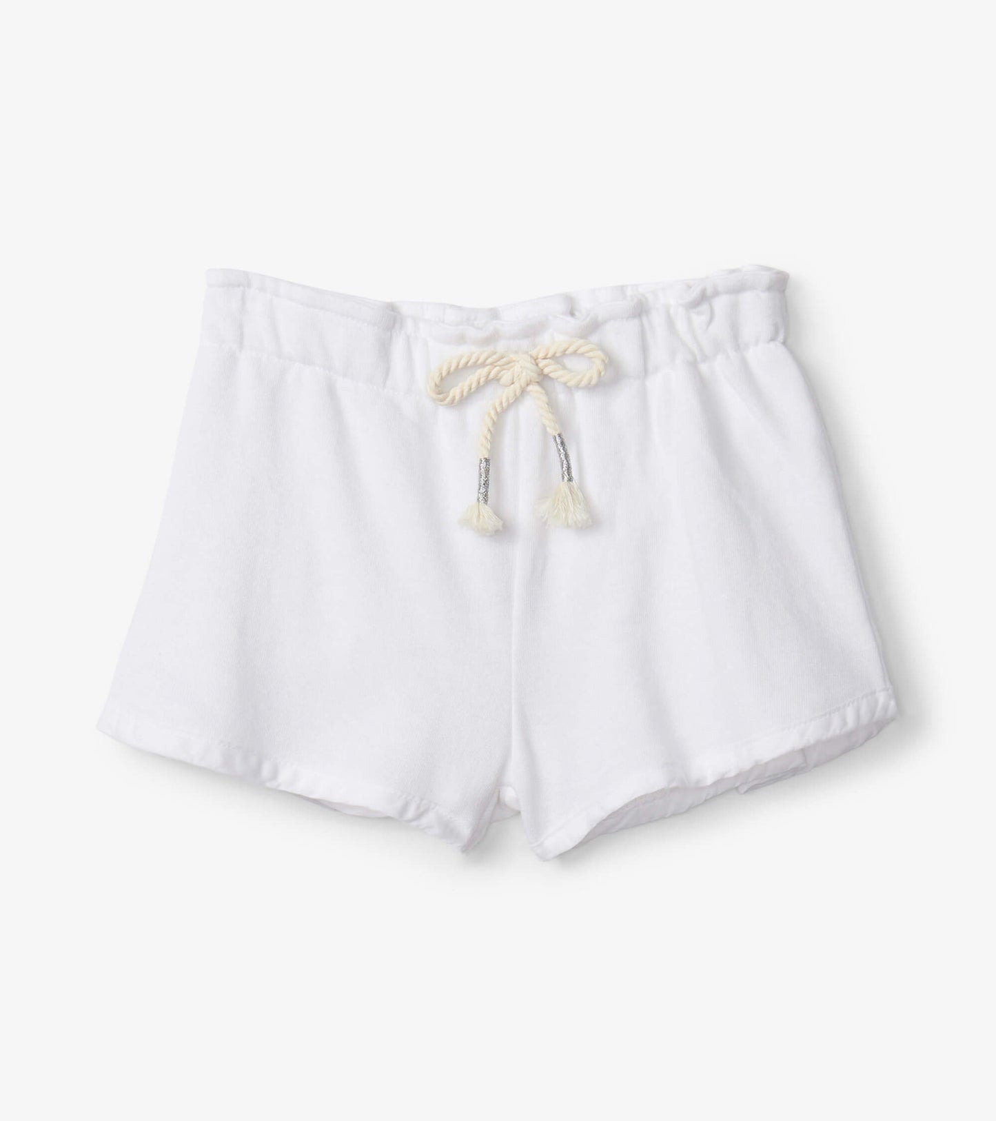 White adventure shorts with a drawstring waist and tassel details, ideal for outdoor activities.