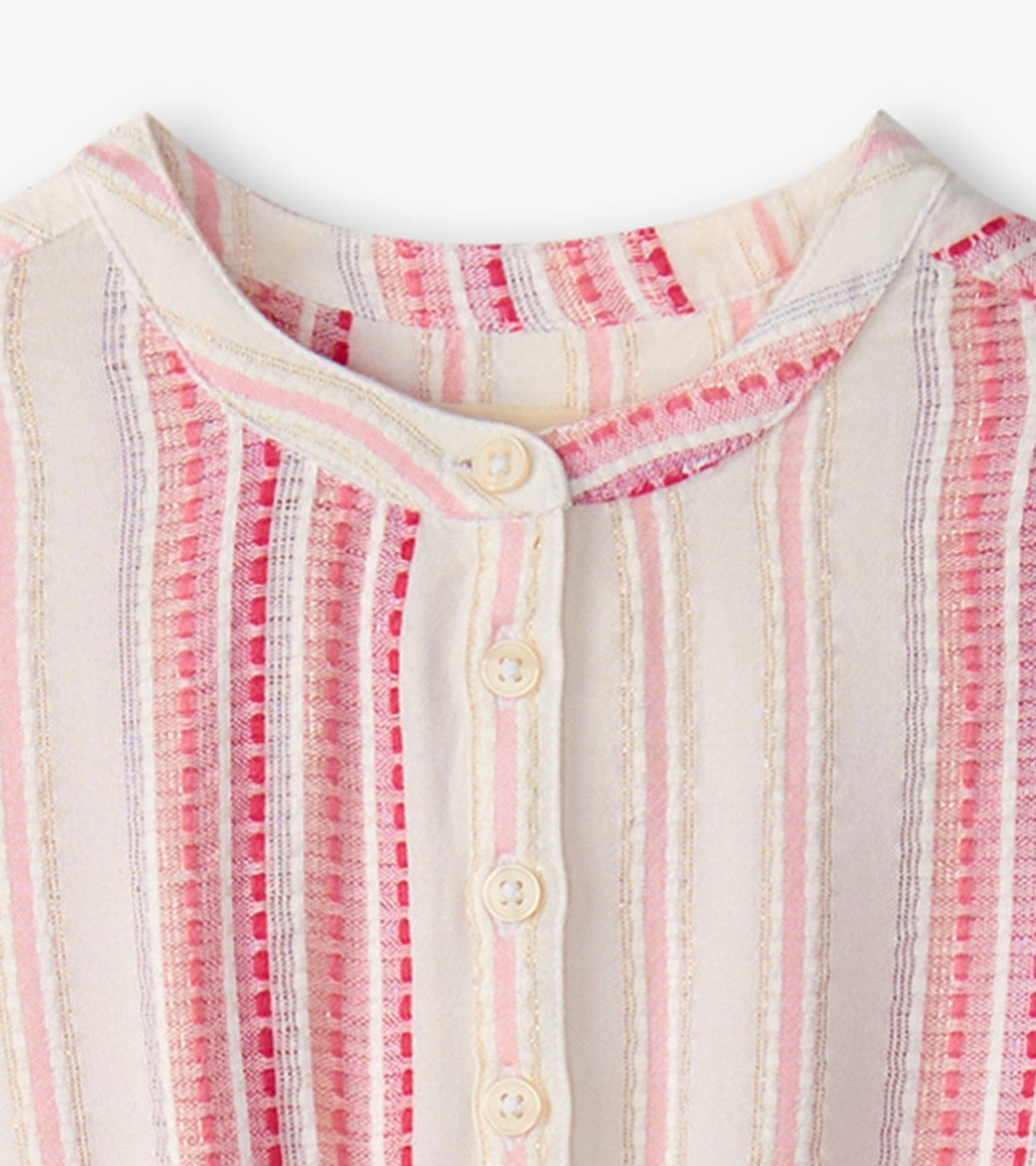 Light-colored dress with pink and red stripes, featuring a smocked waist and button closure at the neckline.