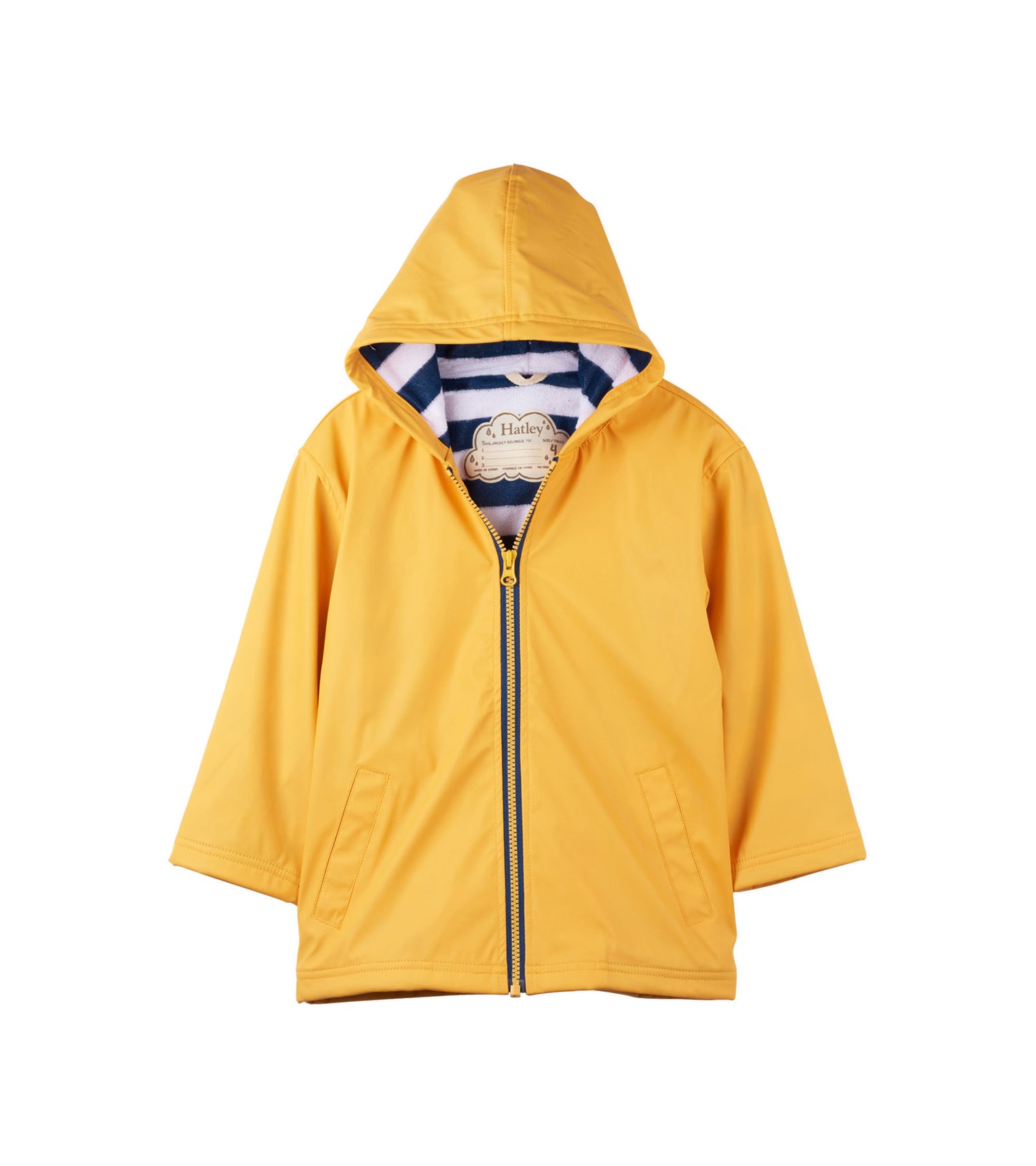 Yellow zip-up rain jacket with a hood and striped lining, featuring two front pockets and a relaxed fit.
