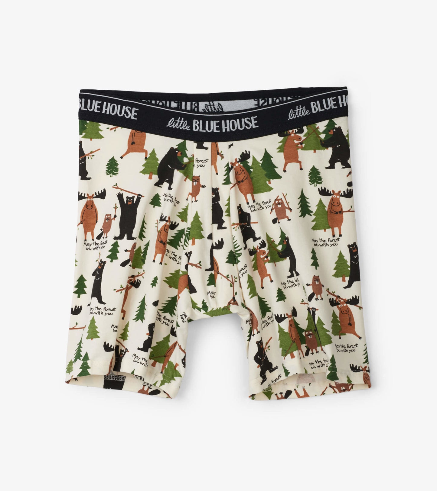Men's boxer briefs in cream with a playful forest animal print and black waistband.