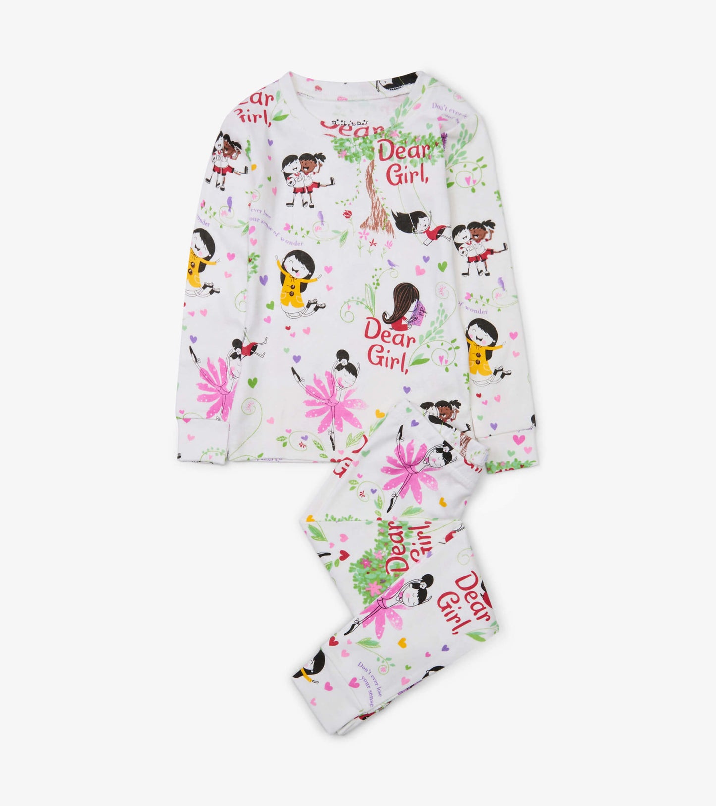 Long-sleeve pajama set featuring a colorful print with girls, flowers, and hearts on a white background.
