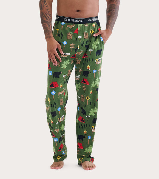 Men's green cotton pajama pants featuring a camping-themed print with bears, tents, and trees.