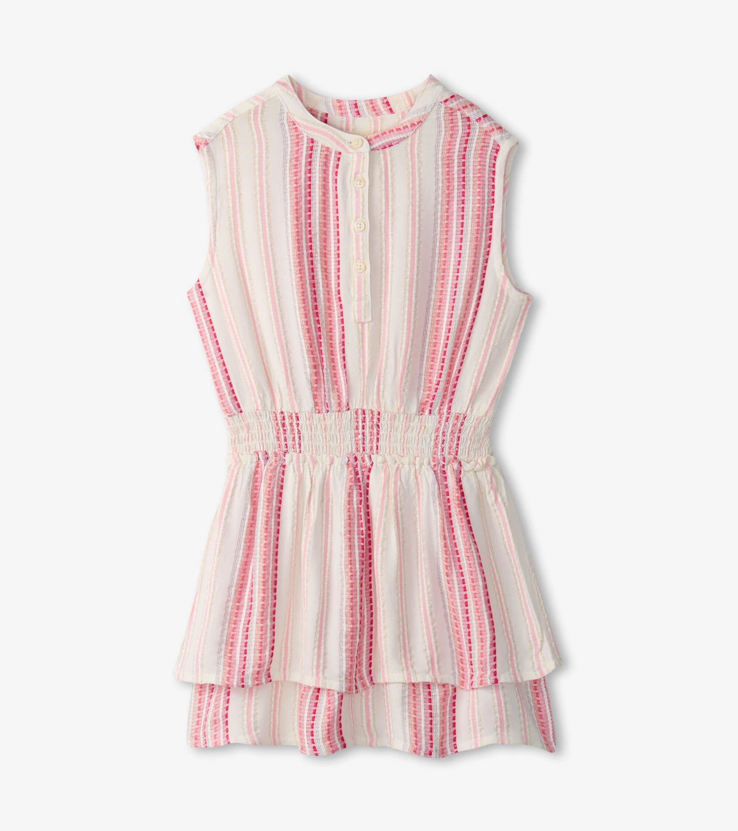 Sleeveless dress featuring a smocked waist, with pink and white vertical stripes and a buttoned neckline.