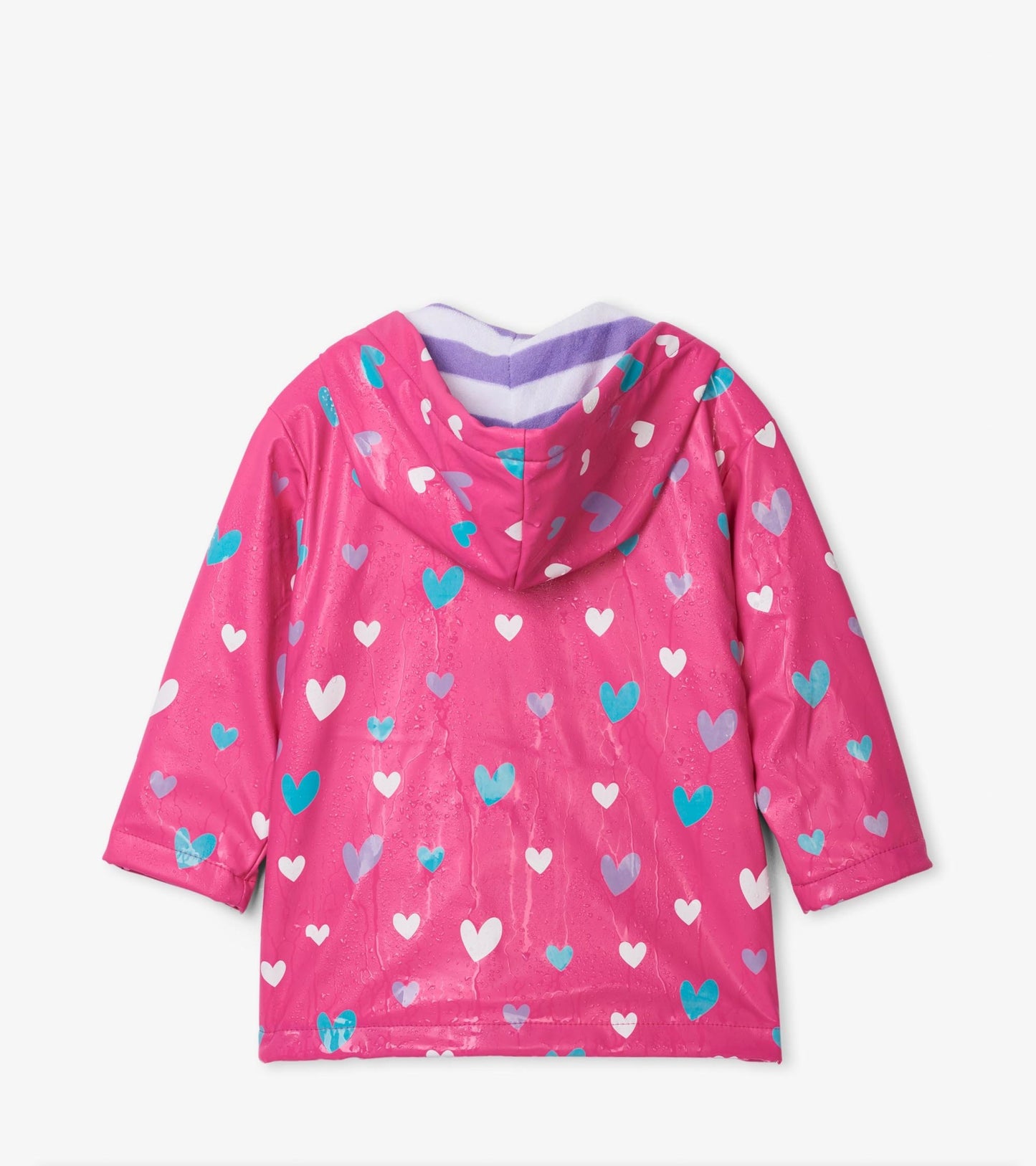 Pink raincoat with a heart pattern in various colors, featuring a hood and long sleeves. Back view shown.
