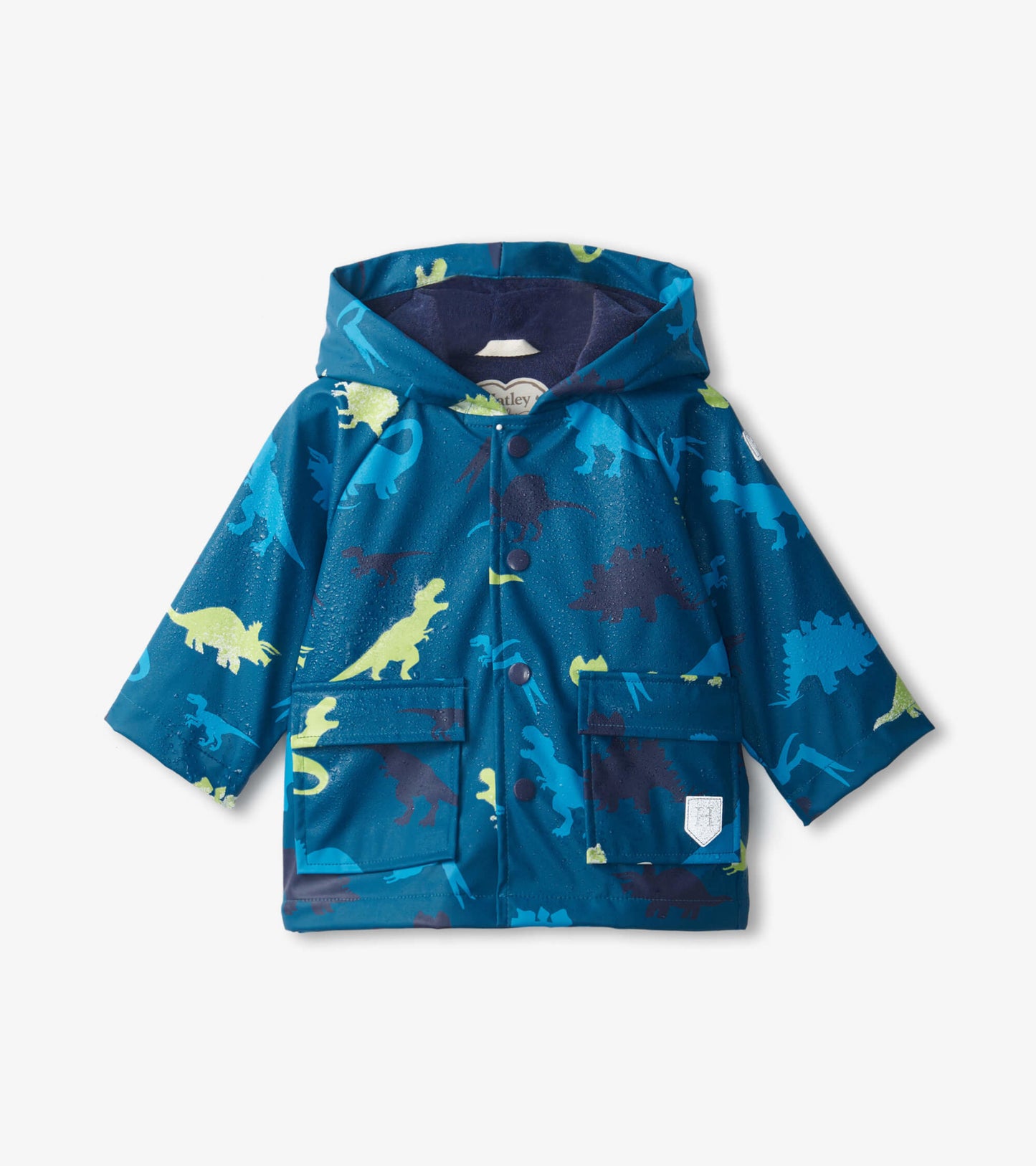 Blue raincoat featuring colorful dinosaur patterns, with a hood and front pockets, designed for babies.