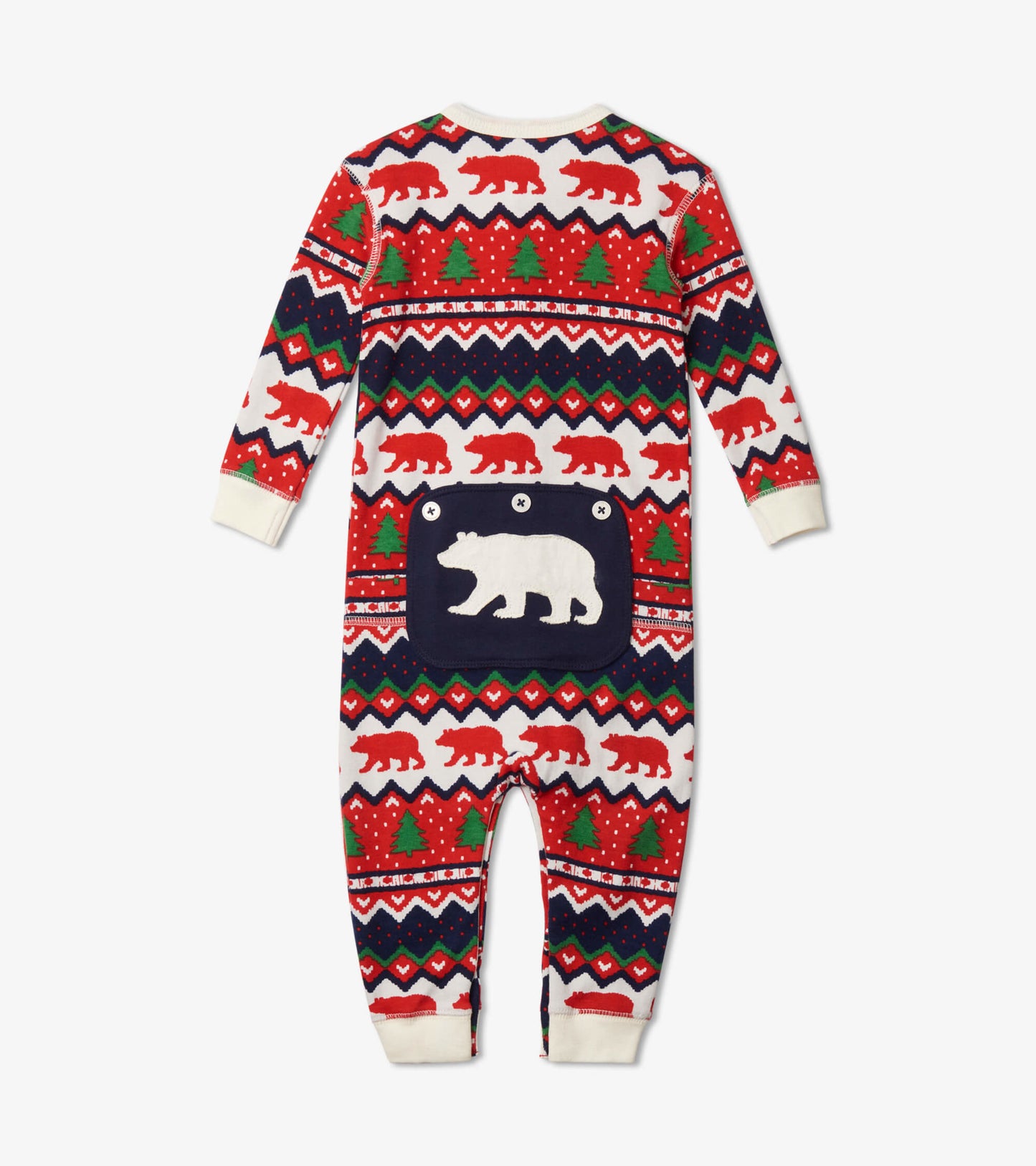 Red and white Fair Isle patterned union suit featuring bears and trees, with a navy bear patch on the back.