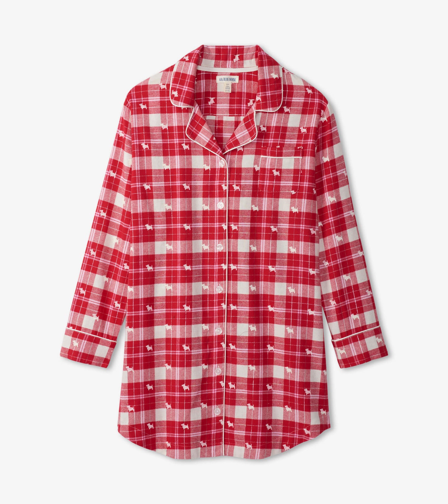 Red plaid flannel nightgown with long sleeves, button front, and dog print accents.