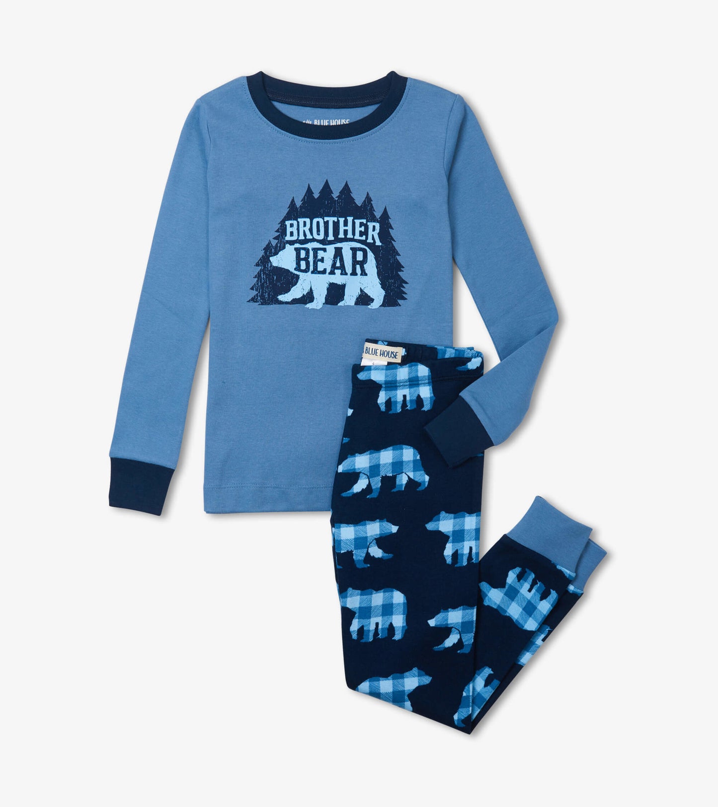 Blue long-sleeve pajama top with bear graphic, paired with navy pants featuring blue plaid bear patterns.