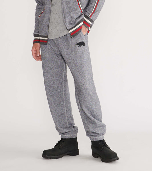 Marled grey joggers with an elastic waistband and bear logo, designed for comfort and casual wear.