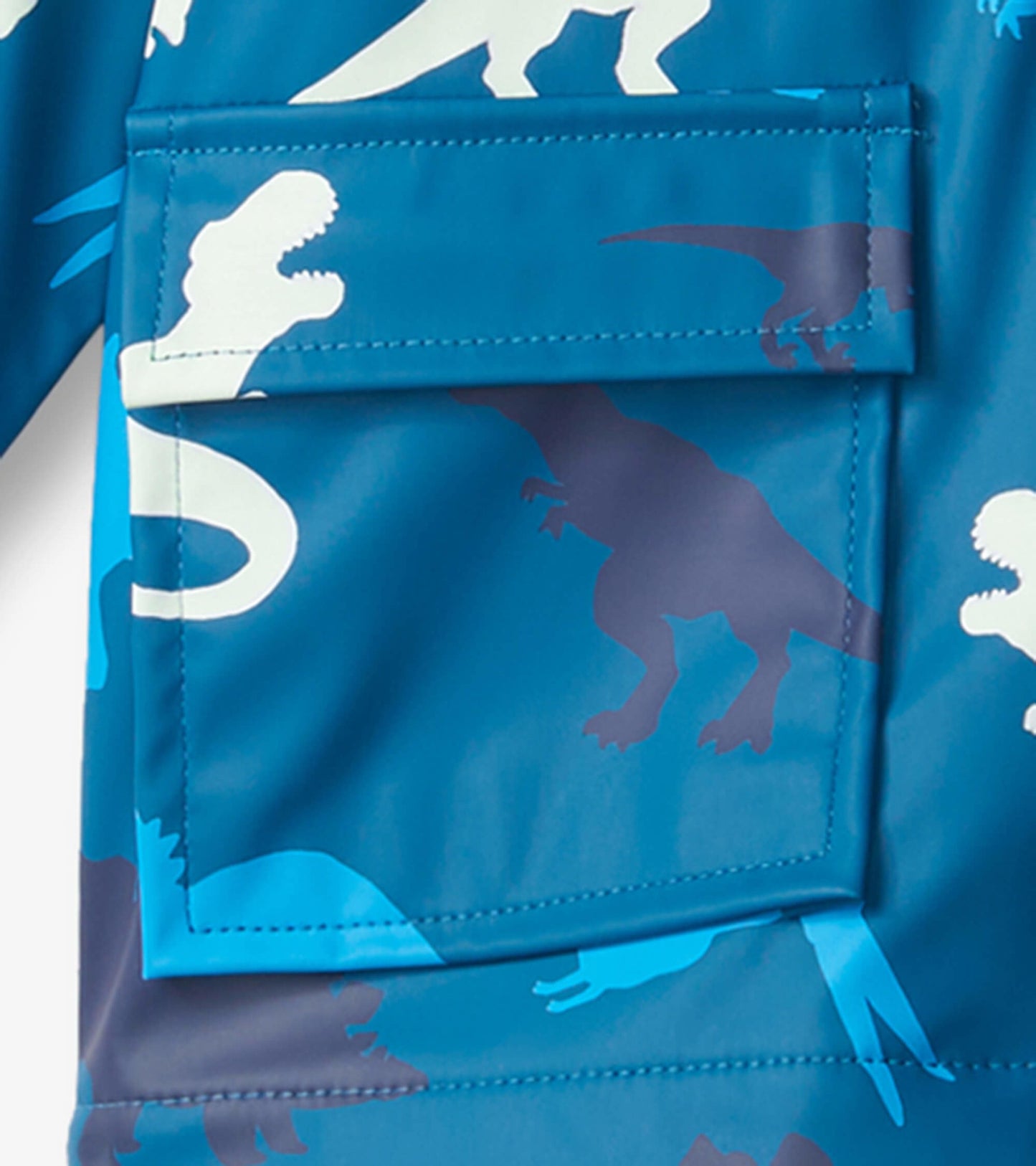 Blue waterproof raincoat featuring colorful dinosaur patterns and a front pocket, suitable for babies.