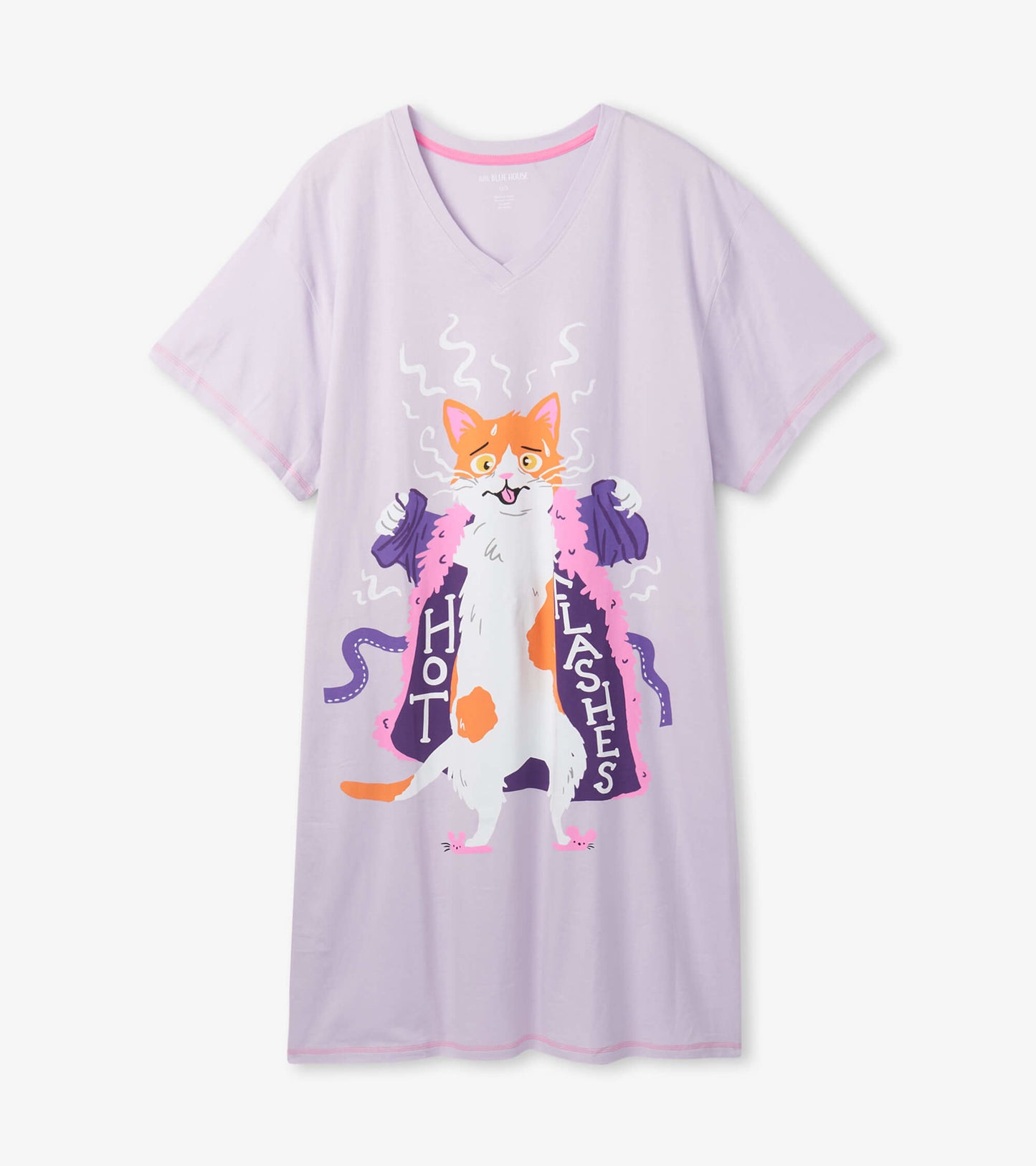 Lavender sleepshirt featuring a playful cat graphic with "HOT FLASHES" text, V-neck, and short sleeves. One size.