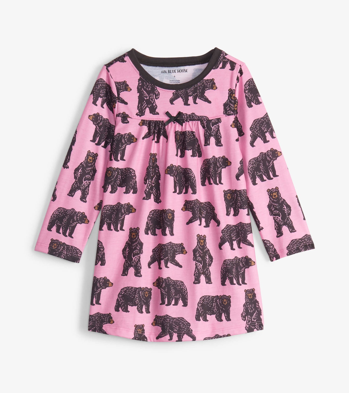 Pink long-sleeve nightdress featuring a playful bear pattern and a gathered waist with a bow detail.