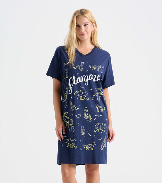 Navy blue sleepshirt featuring a V-neck, short sleeves, and whimsical animal and constellation graphics.