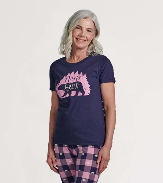 Navy blue women's pajama t-shirt featuring a pink bear graphic and text, short sleeves, and a relaxed fit.