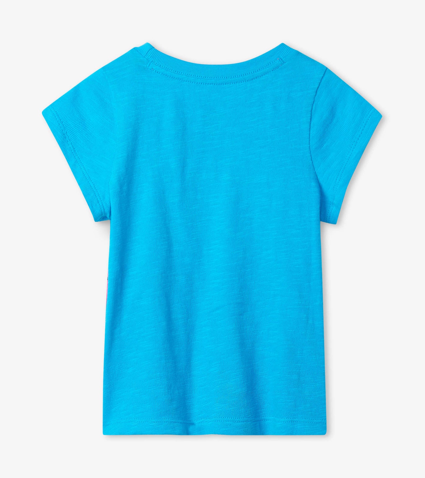 Bright blue short-sleeve graphic tee with a round neckline, featuring a smooth, lightweight fabric.