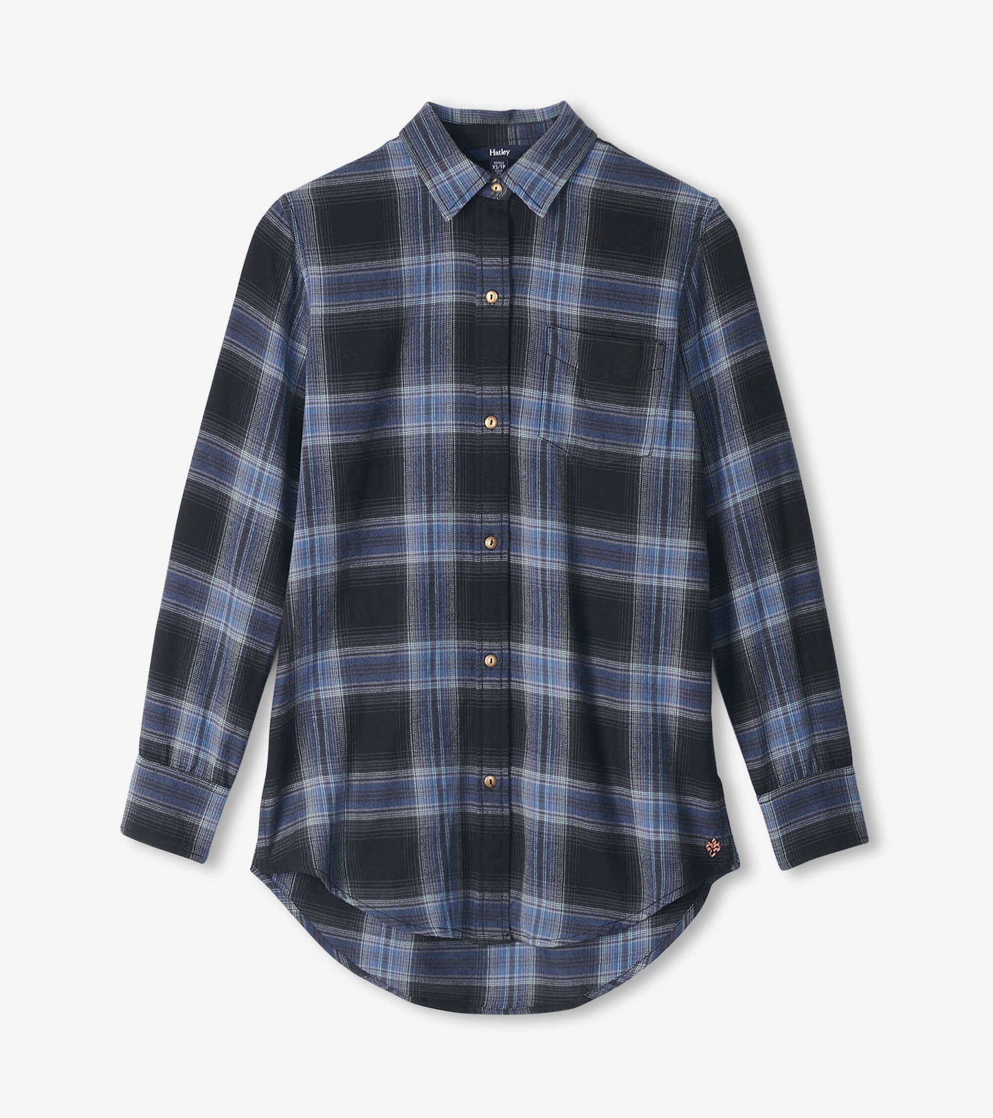 Long-sleeve tunic in caviar plaid pattern featuring shades of black and blue, with a button-down front and curved hem.