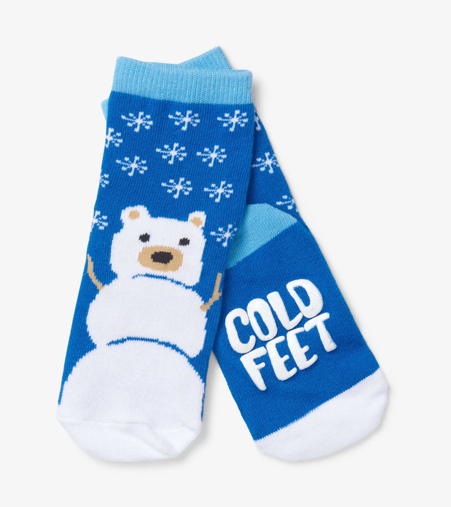 Blue crew socks featuring a polar bear design and snowflakes, with "COLD FEET" text on the white cuff.