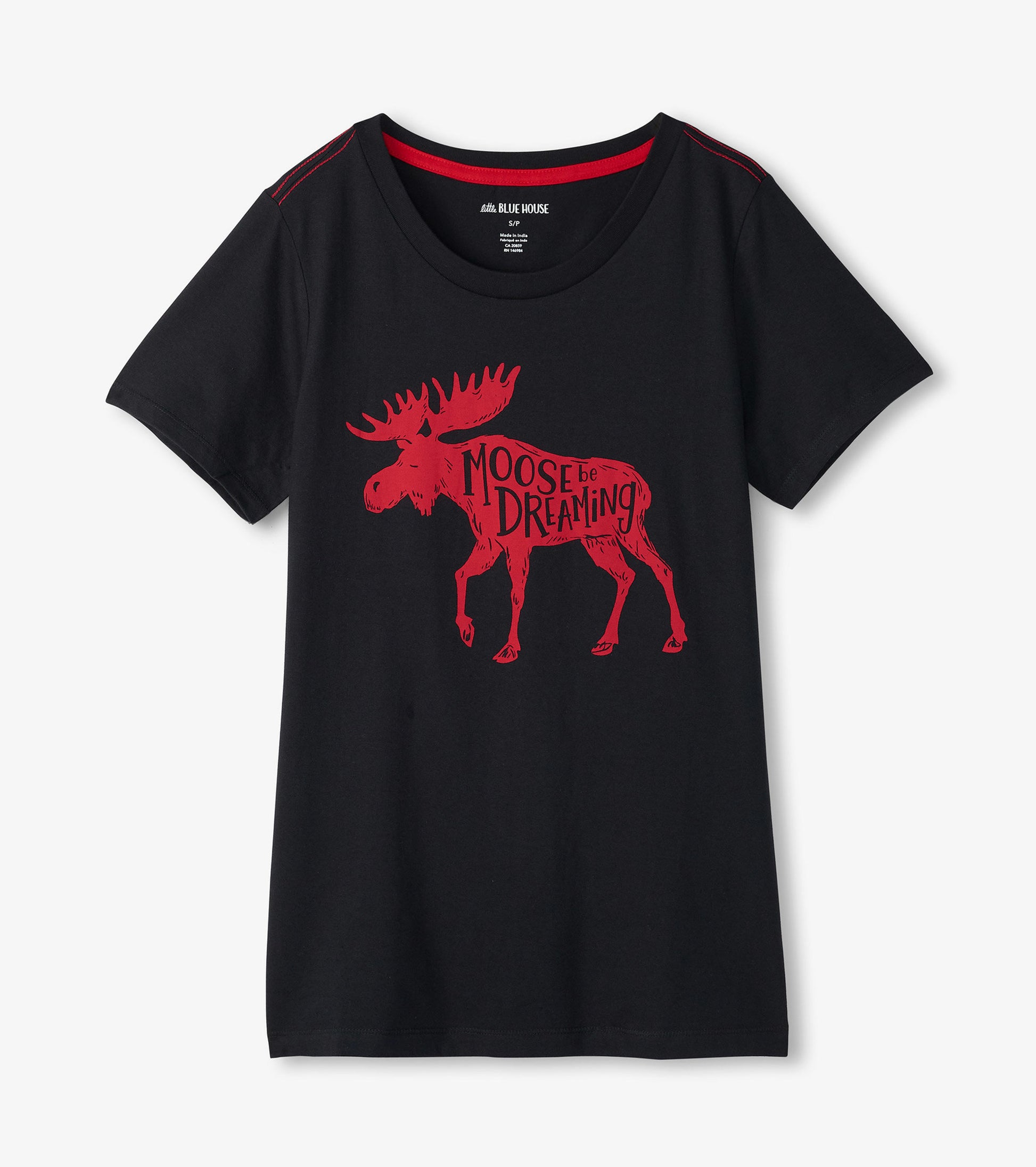 Black pajama t-shirt featuring a red moose graphic with the text "Moose be Dreaming." Short sleeves and a round neckline.