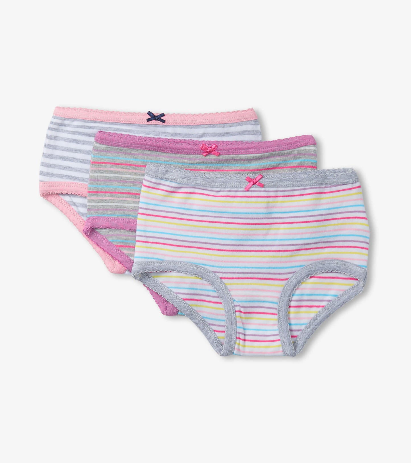 Three pairs of girls' hipster underwear featuring vibrant stripes and solid colors in pink, gray, and white.