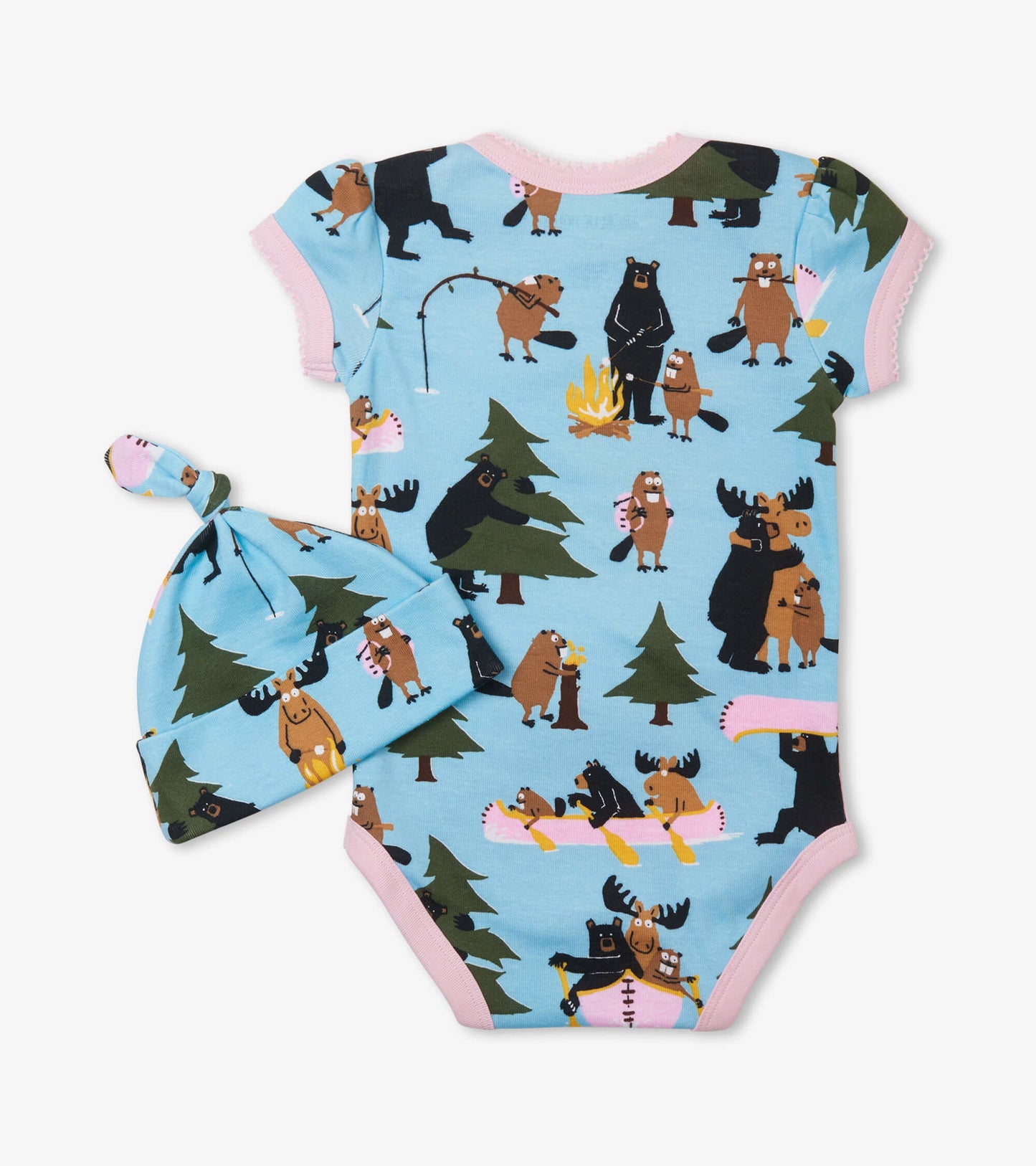 Light blue bodysuit with short sleeves and pink trim, featuring a playful animal camping print, paired with a matching hat.