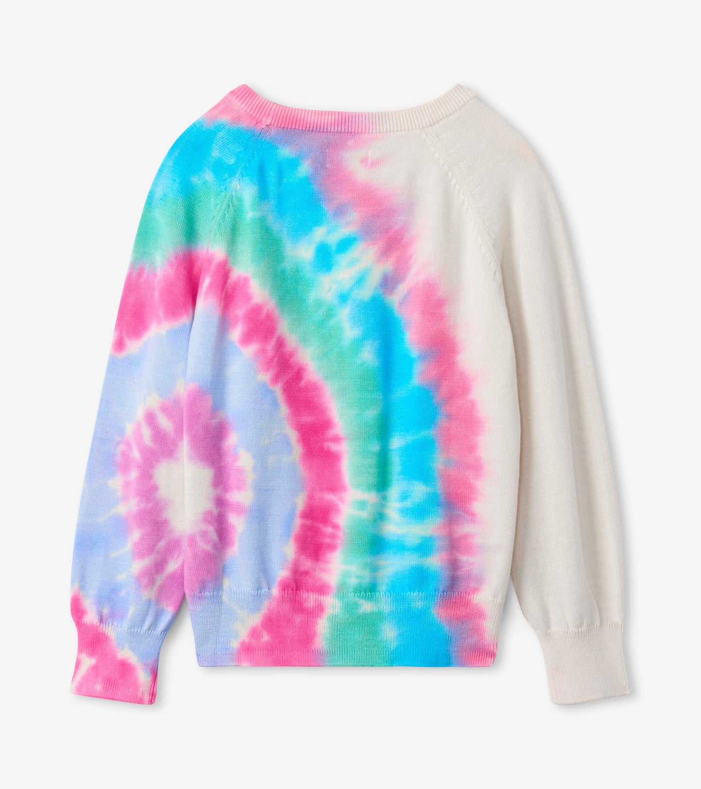 Light cream pullover featuring a vibrant tie-dye burst pattern in pink, blue, and green, with long sleeves and a round neckl…