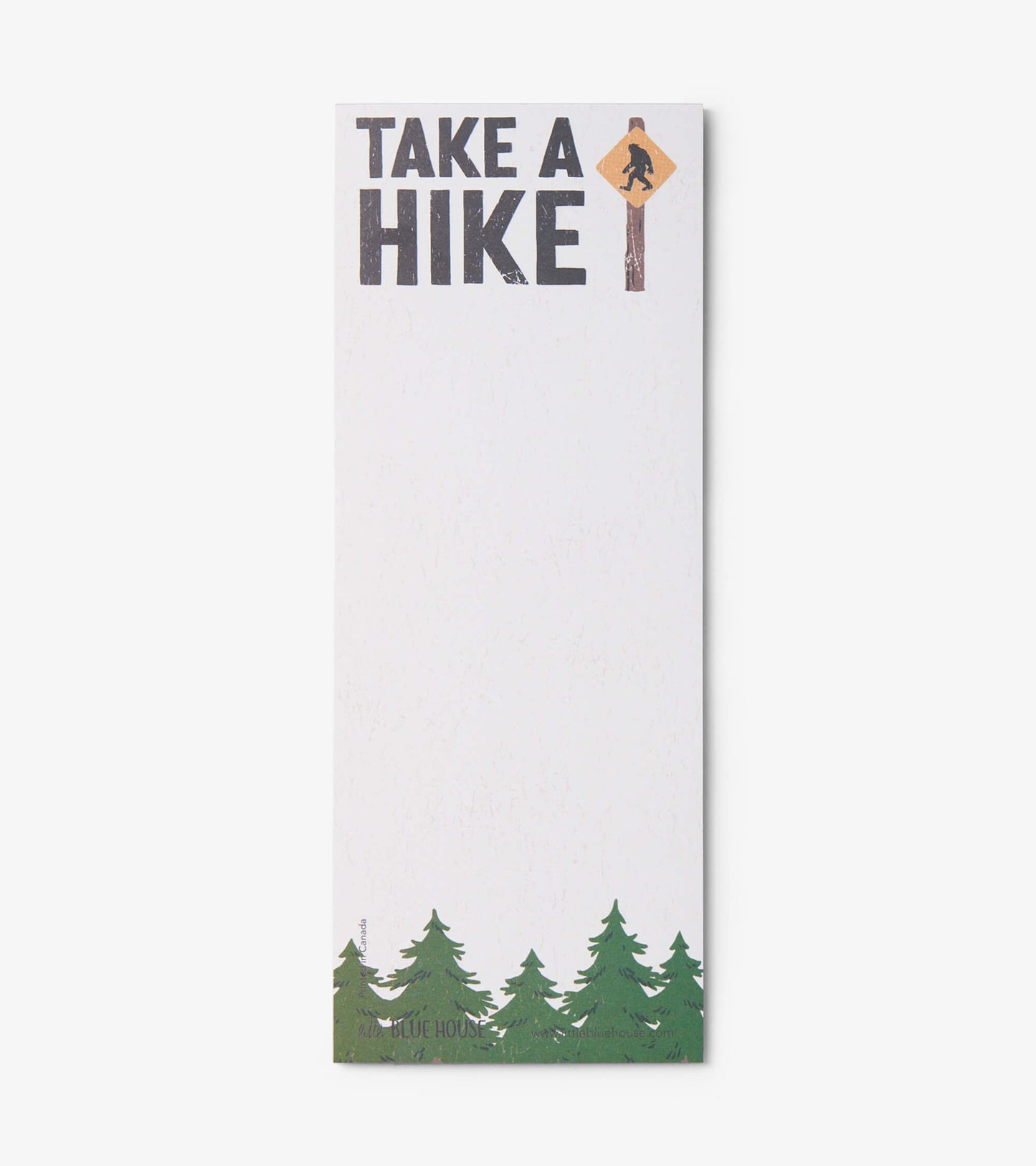 Magnetic notepad featuring "Take A Hike" text and green tree graphics at the bottom, ideal for making lists.