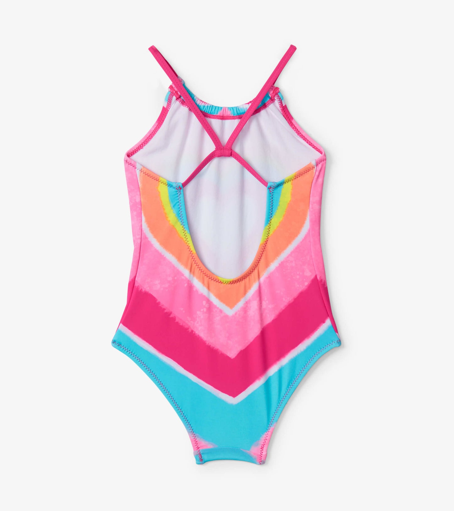 Psychedelic heart pattern swimsuit in pink, blue, and orange with a gathered front and crisscross back straps.
