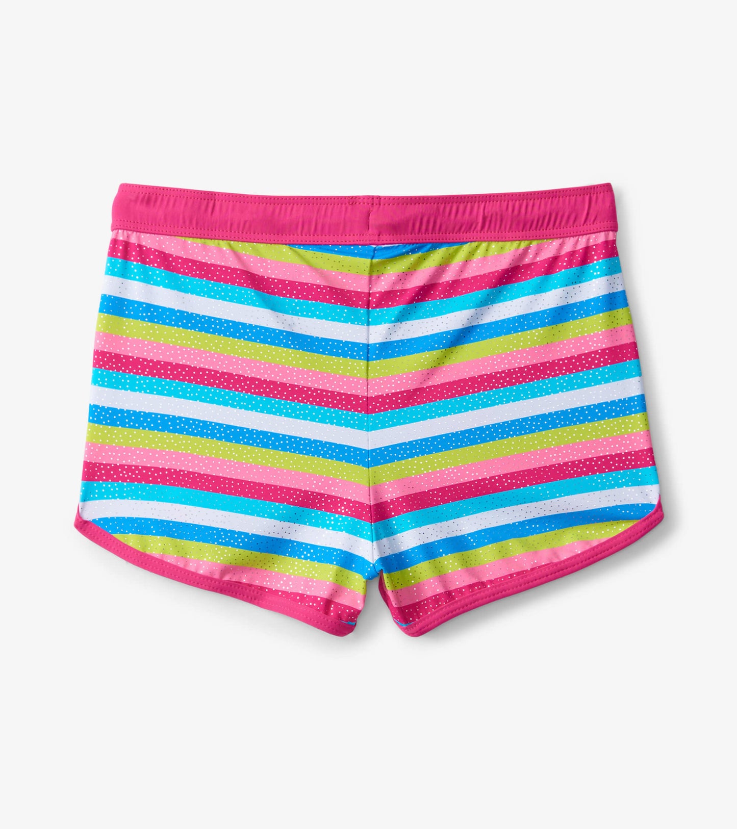 Colorful swim shorts featuring horizontal rainbow stripes in pink, blue, green, and white, with a comfortable elastic waistb…