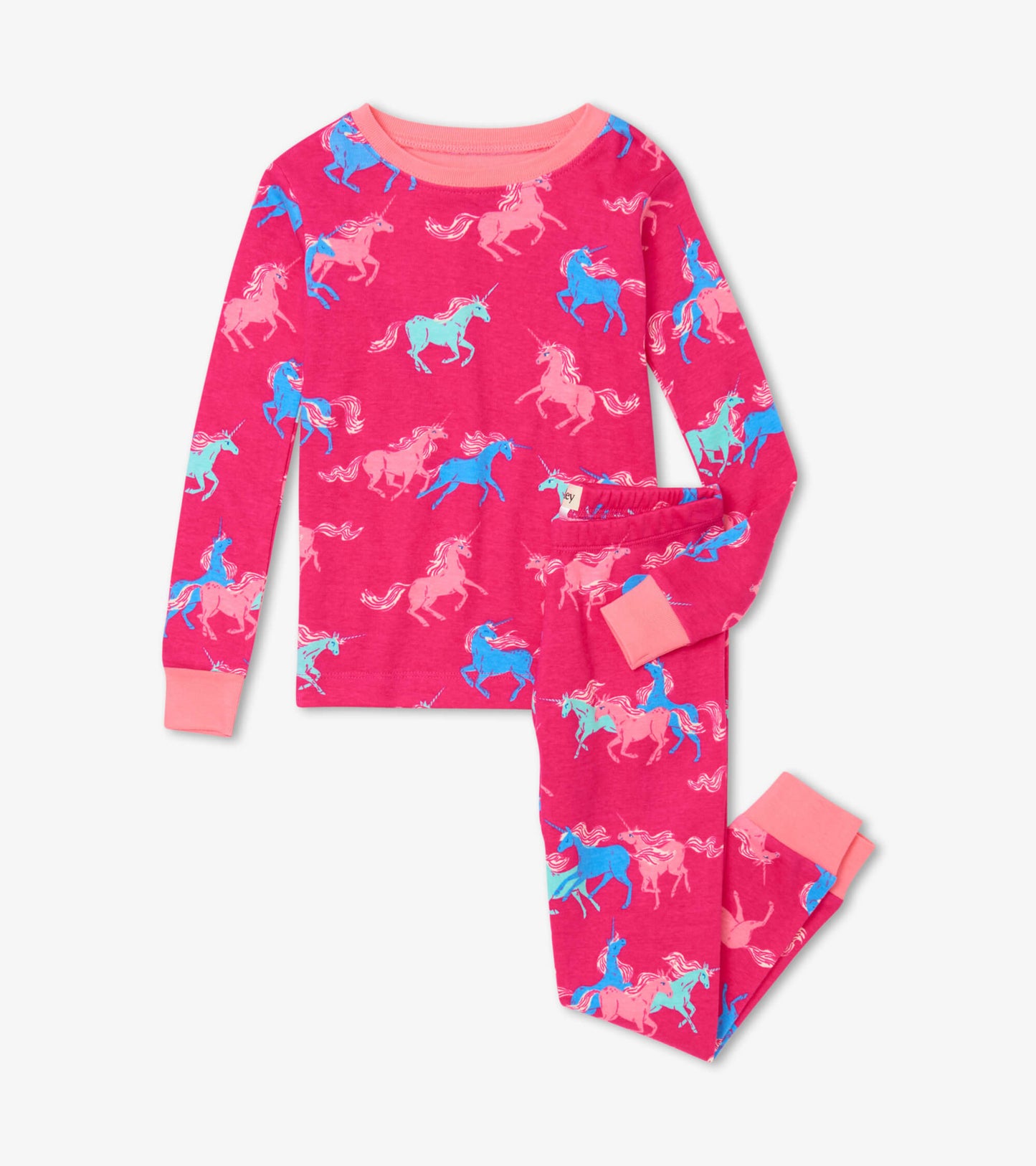 Pink organic cotton pajama set featuring colorful unicorn patterns, with long sleeves and matching pants.