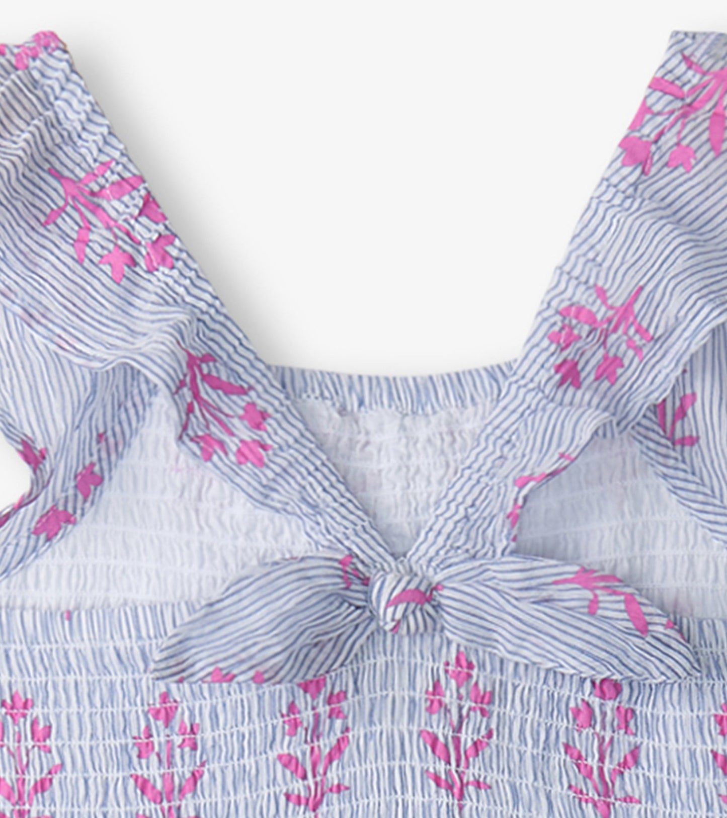 Smocked dress with blue and white stripes, featuring pink floral embroidery and tie straps.