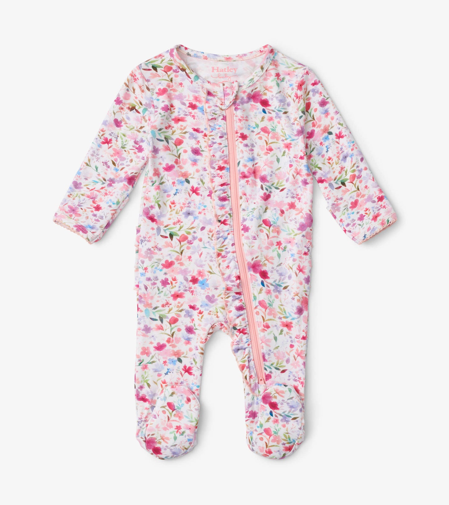Floral-patterned footed sleeper in pastel colors with ruffle details and a front zipper, suitable for babies.