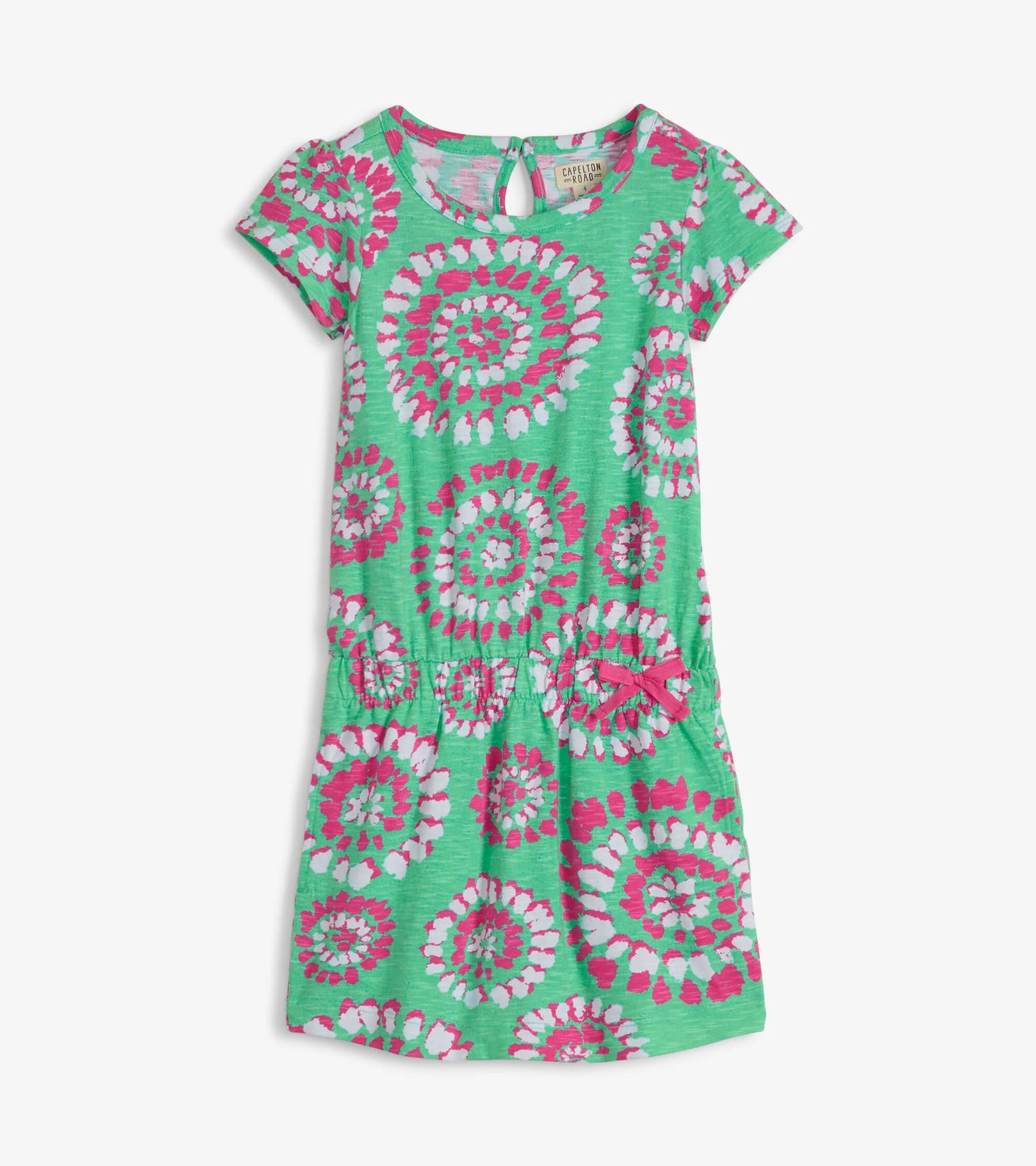 Mint green t-shirt dress featuring a vibrant pink and white mandala pattern, with short sleeves and a gathered waist.