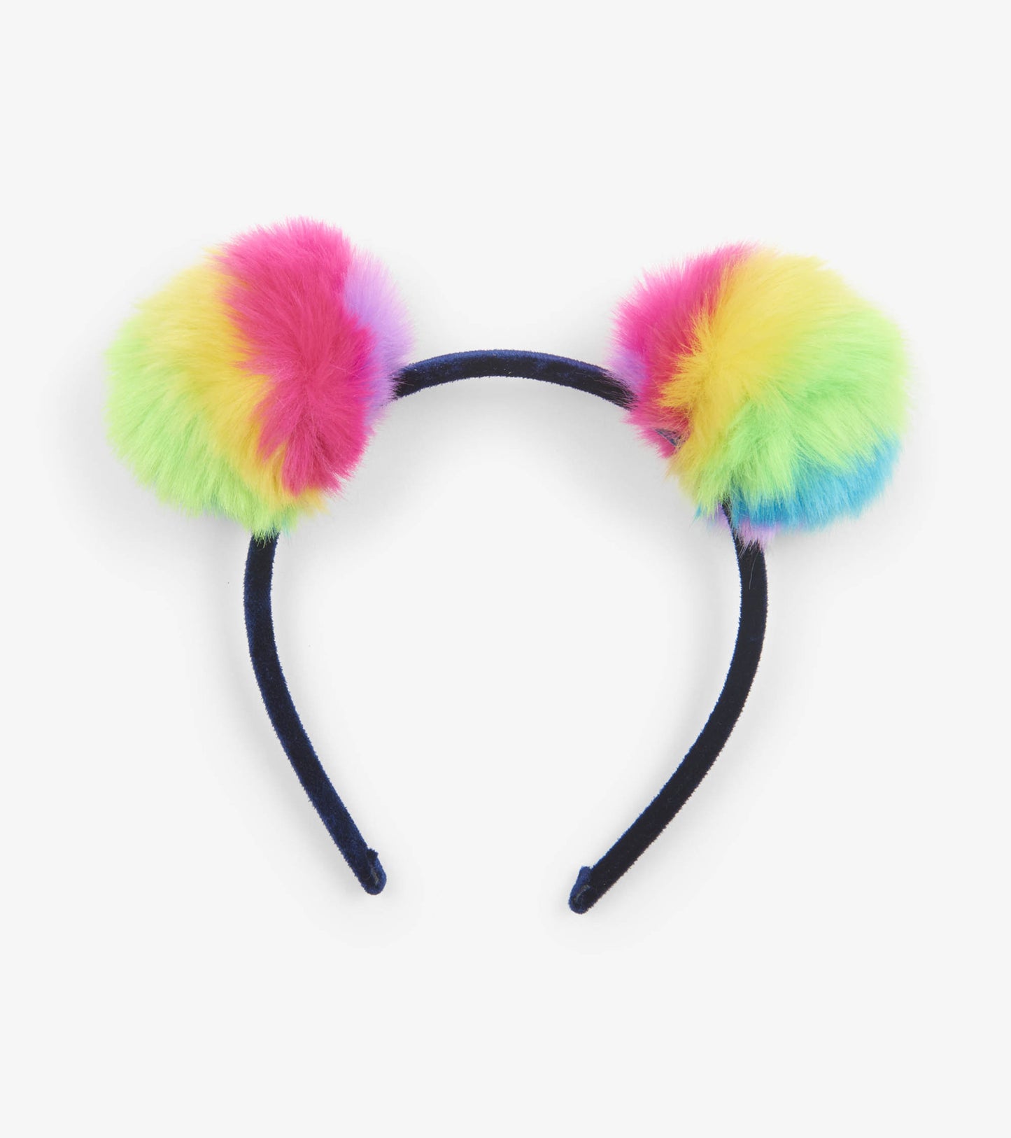 Colorful pom poms in pink, green, and yellow on a black headband, designed for playful wear.