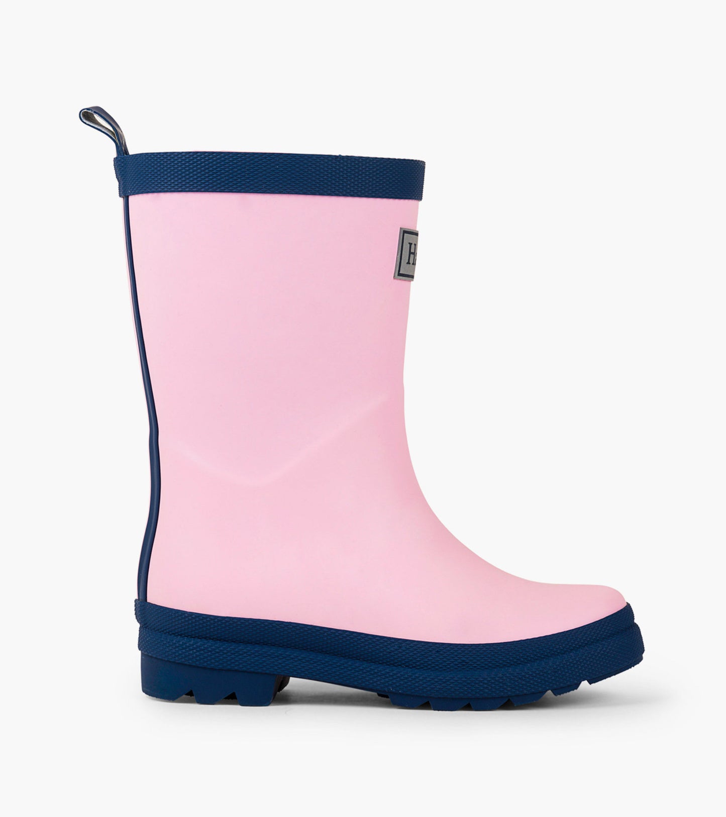 Pink and navy matte rain boots with a textured sole and pull tab, designed for kids.