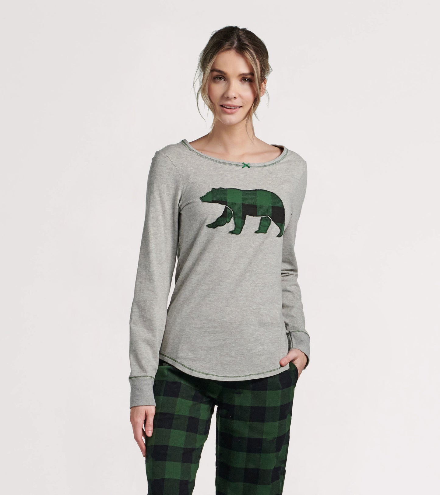 Forest green plaid bear graphic on a light gray long-sleeve stretch jersey top, perfect for casual wear.