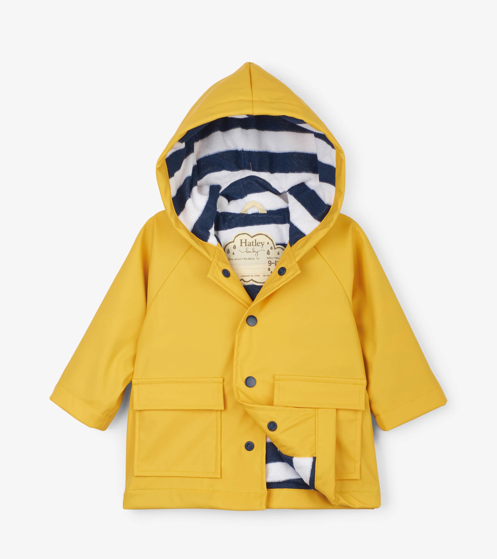 Yellow waterproof baby raincoat with a striped navy and white fleece lining and front pockets.