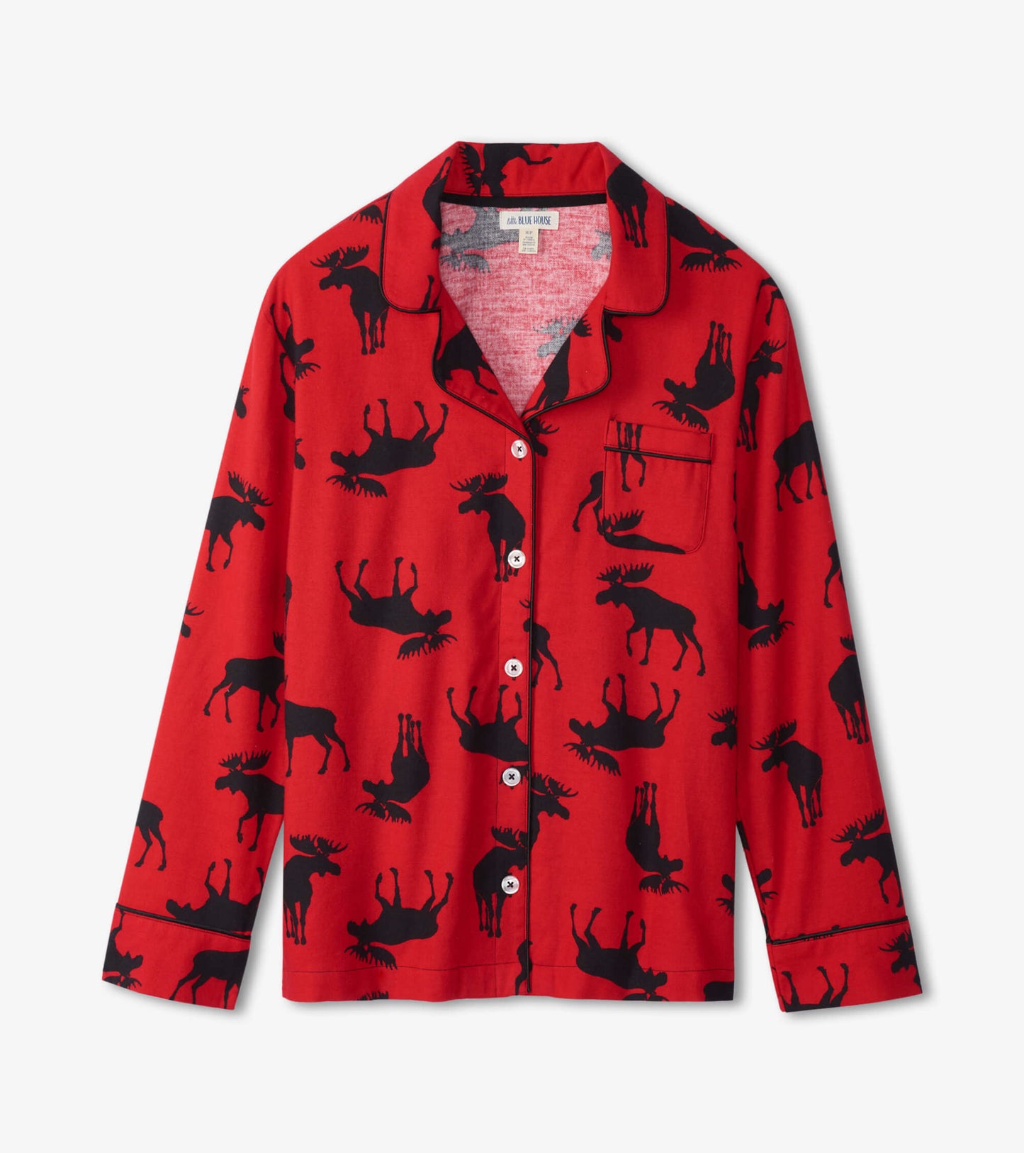 Red flannel pajama top featuring a black moose pattern, with a button front and collar.