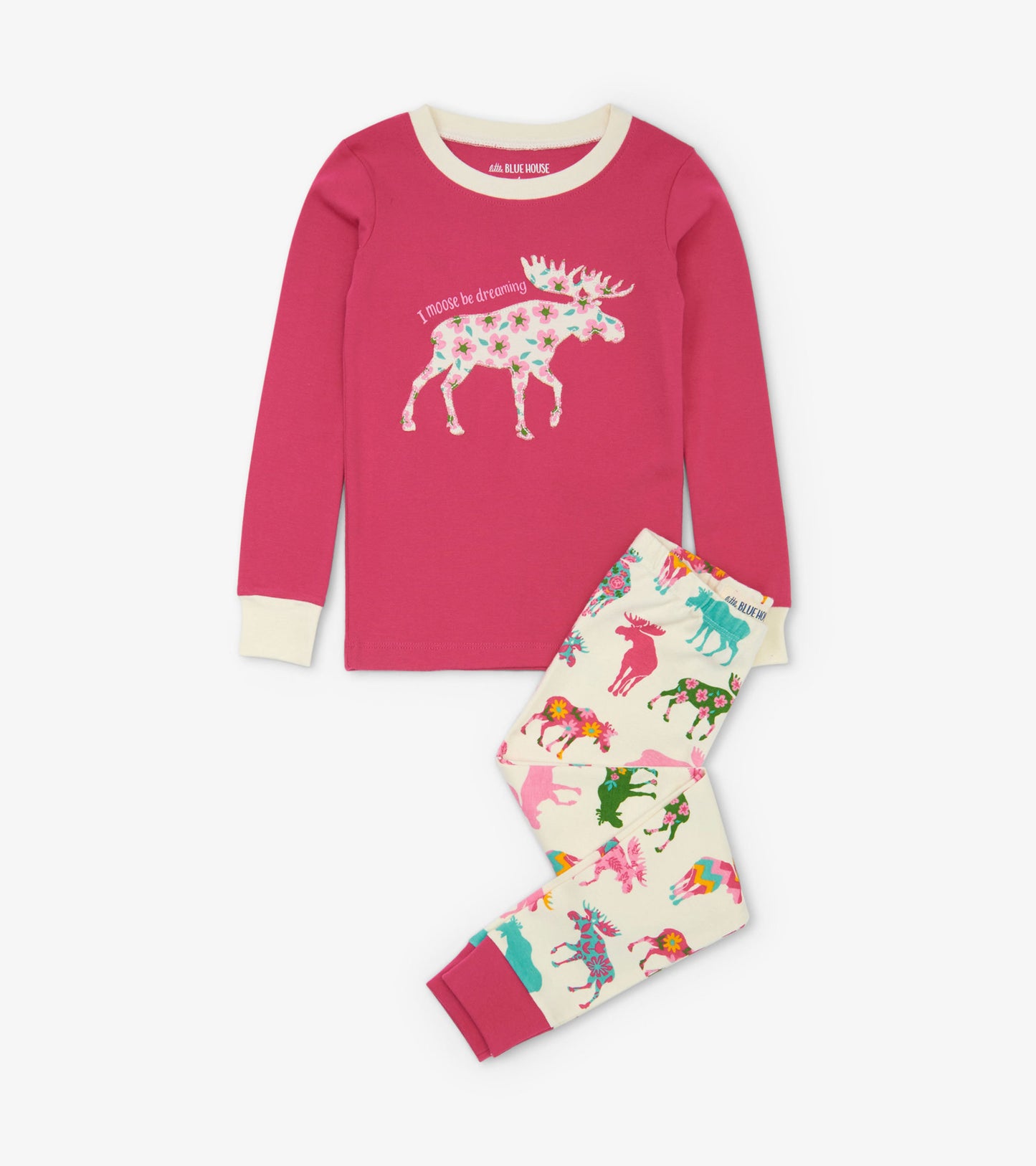 Pink long-sleeve top with floral moose graphic paired with cream pants featuring colorful moose and floral patterns.