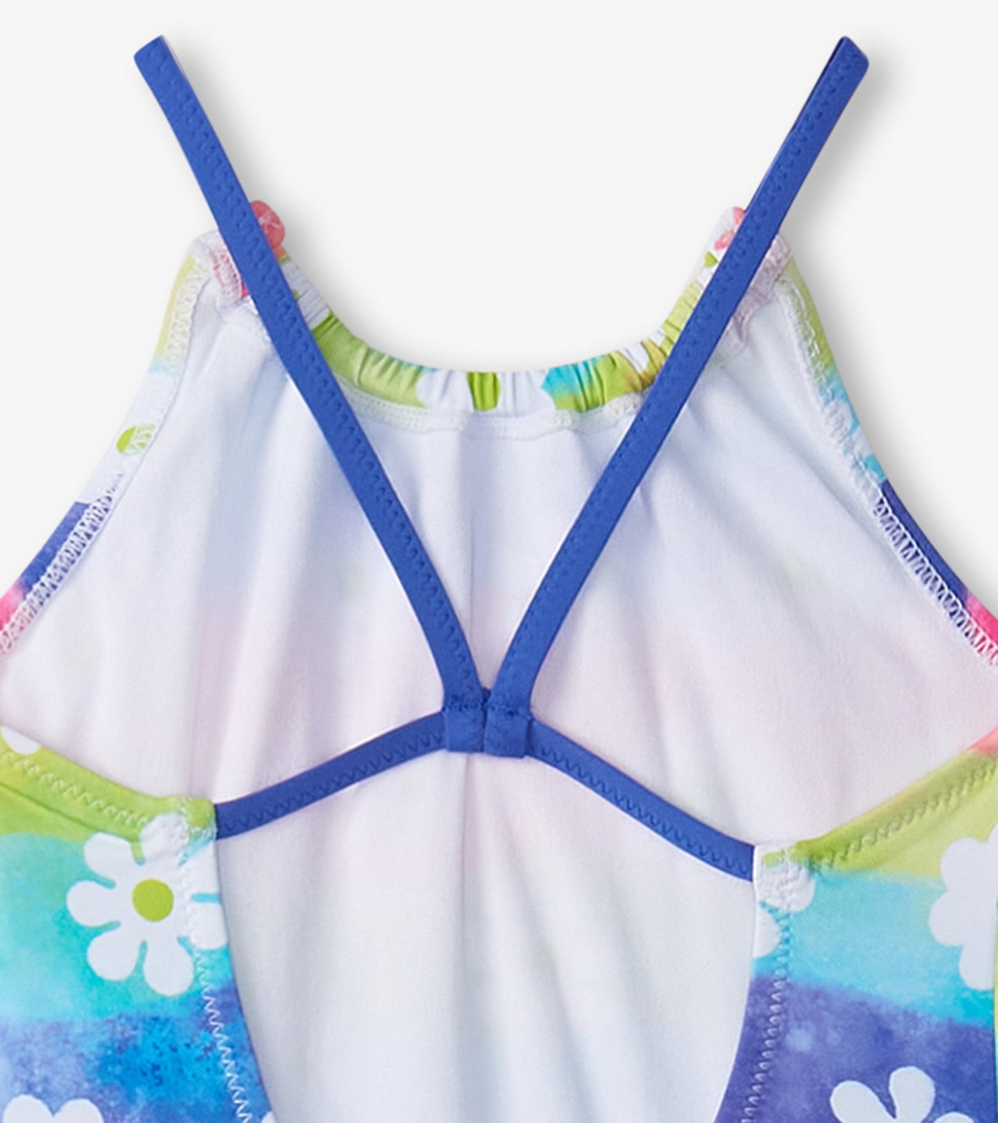 Colorful gathered swimsuit featuring a rainbow flower pattern and blue straps, ideal for summer water activities.