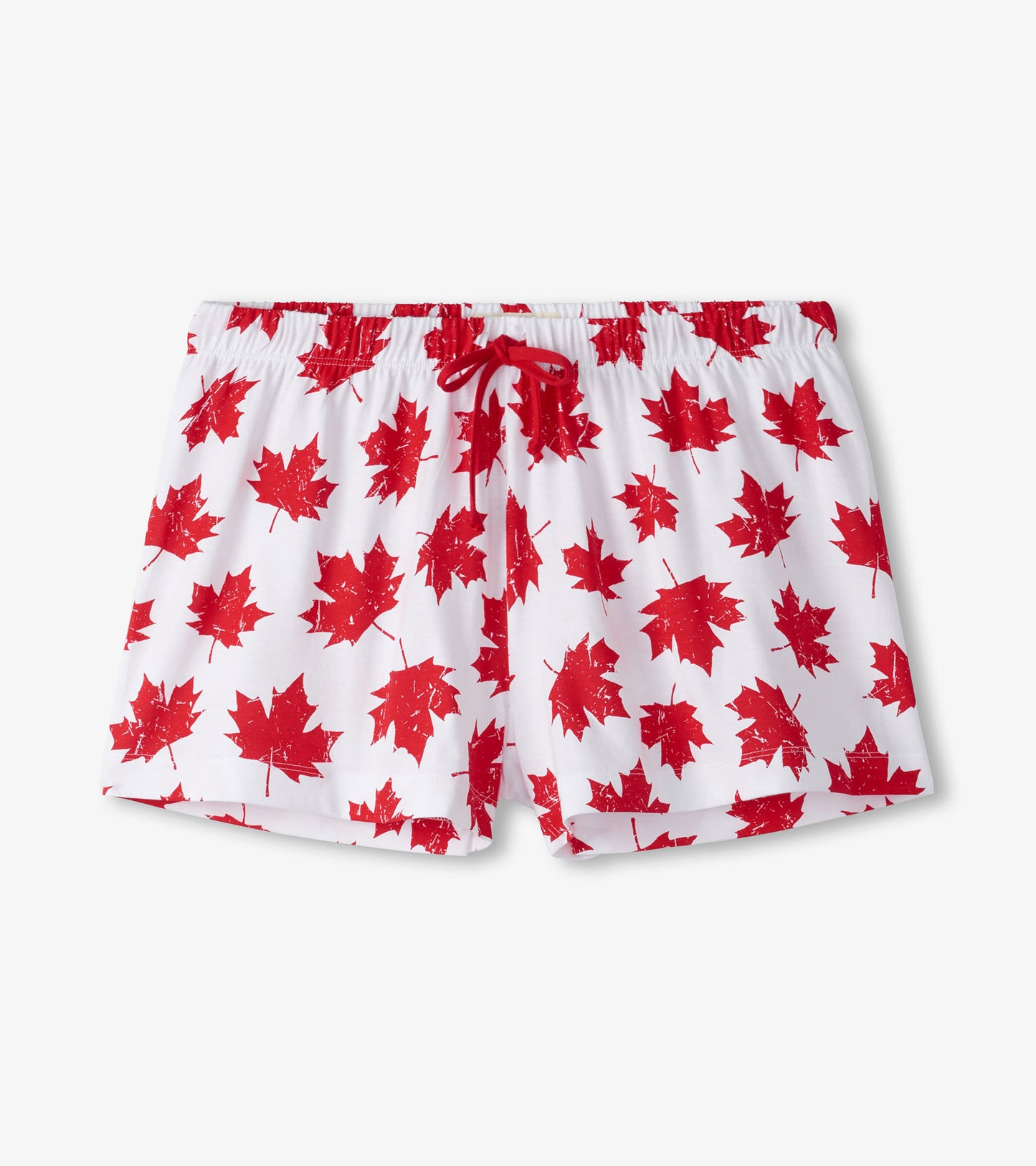 White cotton sleep shorts featuring a red maple leaf pattern and an elastic waistband with a drawstring.